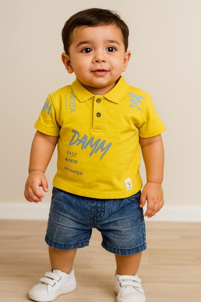 Baby Cotton Yellow T-Shirt & Shorts Kuti Set For Kids - Image 2