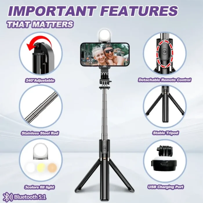 LIVE-K9 LED 1.7M (5.7 Feet) Live Broadcastin Selfi Stand With Rechargable Light Selfe K9 Bluetooth 1.7M LED 4 in 1 Tripod LED Remote Control Tripod 170cm Selfie Stick Tripod Bluetooth LED Light - Image 7