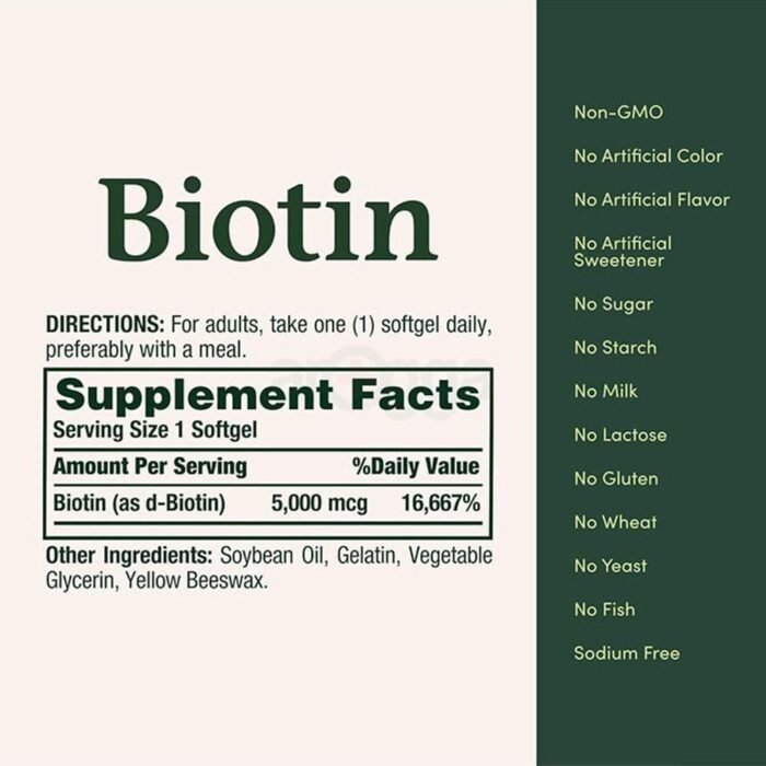 Nature's Bounty Biotin 5000mcg 150 Capsules Supports Healthy Hair Skin Nails - Image 3