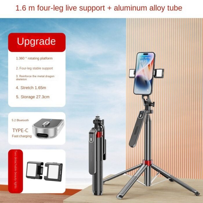 P185 Aluminum Alloy 1.6M Handheld Stabilizer Floor Telescopic Pole Quadrupod Mobile Phone Bluetooth Selfie Stick-B Easy Install Easy to Use - Image 2