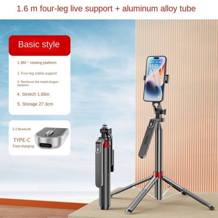 P185 Aluminum Alloy 1.6M Handheld Stabilizer Floor Telescopic Pole Quadrupod Mobile Phone Bluetooth Selfie Stick-B Easy Install Easy to Use - Image 7