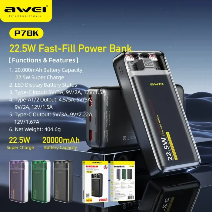 Awei P78K 20000mAh PD22.5w portable Fast charging Power bank - Image 2
