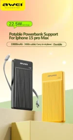 Awei P88K 10000mAh Mini Fast Charging 22.5W Quick Charge With Built-In Cable Power bank - Image 2