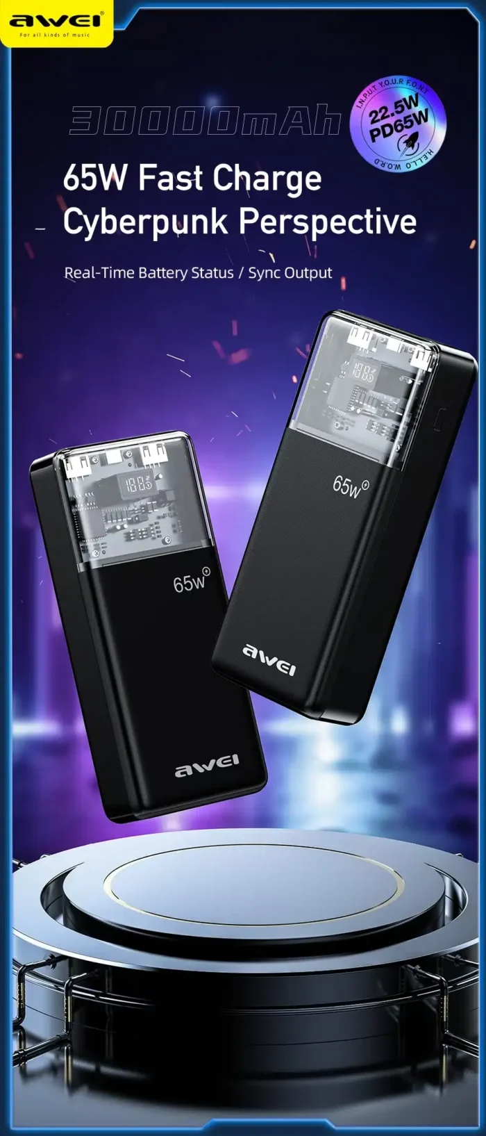 Awei P109K 30000mAh Type C PD65W Fast Charge Powerbank - Image 2