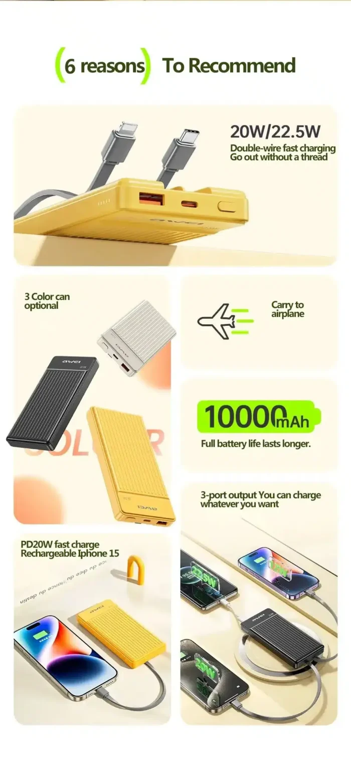 Awei P88K 10000mAh Mini Fast Charging 22.5W Quick Charge With Built-In Cable Power bank - Image 4