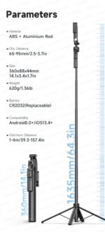 1630mm/64in C17 Tripod Selfie Stick 360° Auto Rotation Shooting Quadruped Phone Stand Face Track Bluetooth Remote Control Tripie - Image 13
