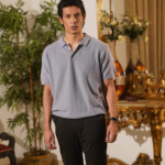 Bologna Blue Steel Knit Polo Chevron Textured Smart-Casual