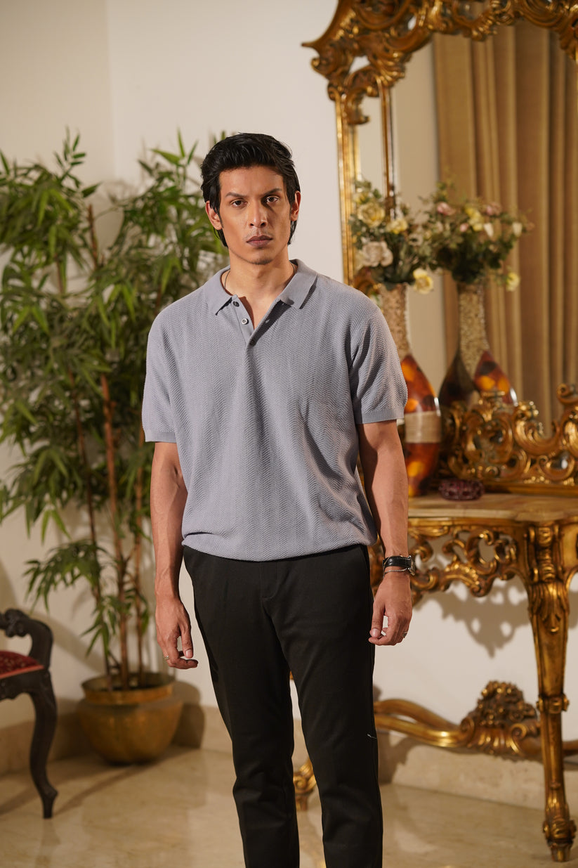 06ec0684-f94b-48a4-8364-8acd37131184 Bologna Blue Steel Knit Polo Chevron Textured Smart-Casual - Image 1