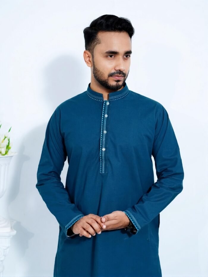 Exclusive Pure Slub Cotton Panjabi for Men - Nile Blue - Image 3