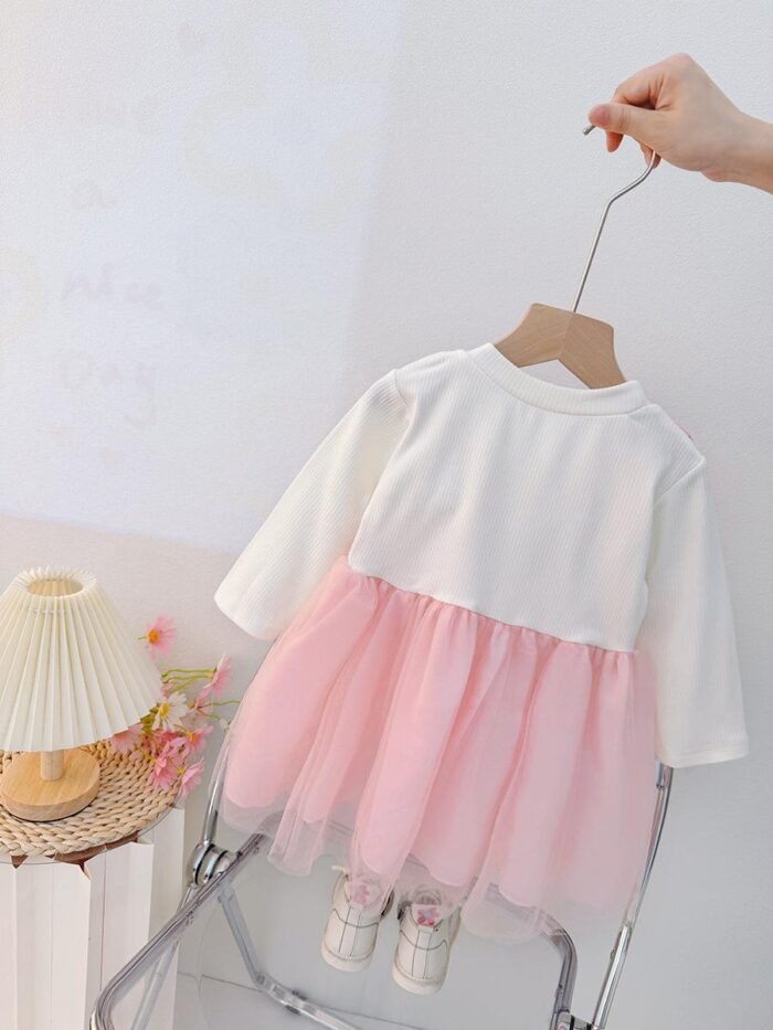 Imported Pink Bow Net Baby Dress with Cream Inner Top (China) - Image 3