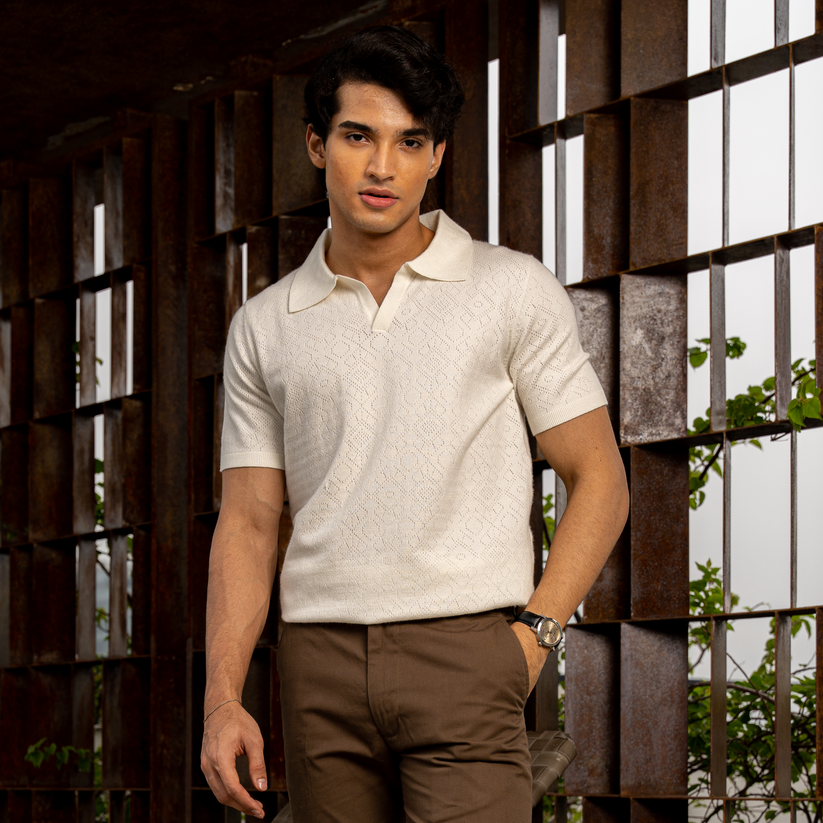 5415fd1a-e541-4b5d-9740-0e06439fb8bb Amalfi Ecru Crochet Knit Resort Polo - Image 1