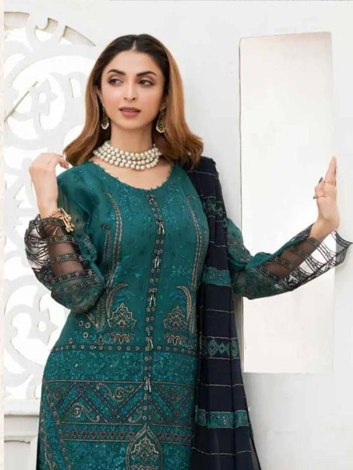 Pakistani Fepic Unstitched Luxury Chiffon Three Piece - Dark Aqua - Image 2