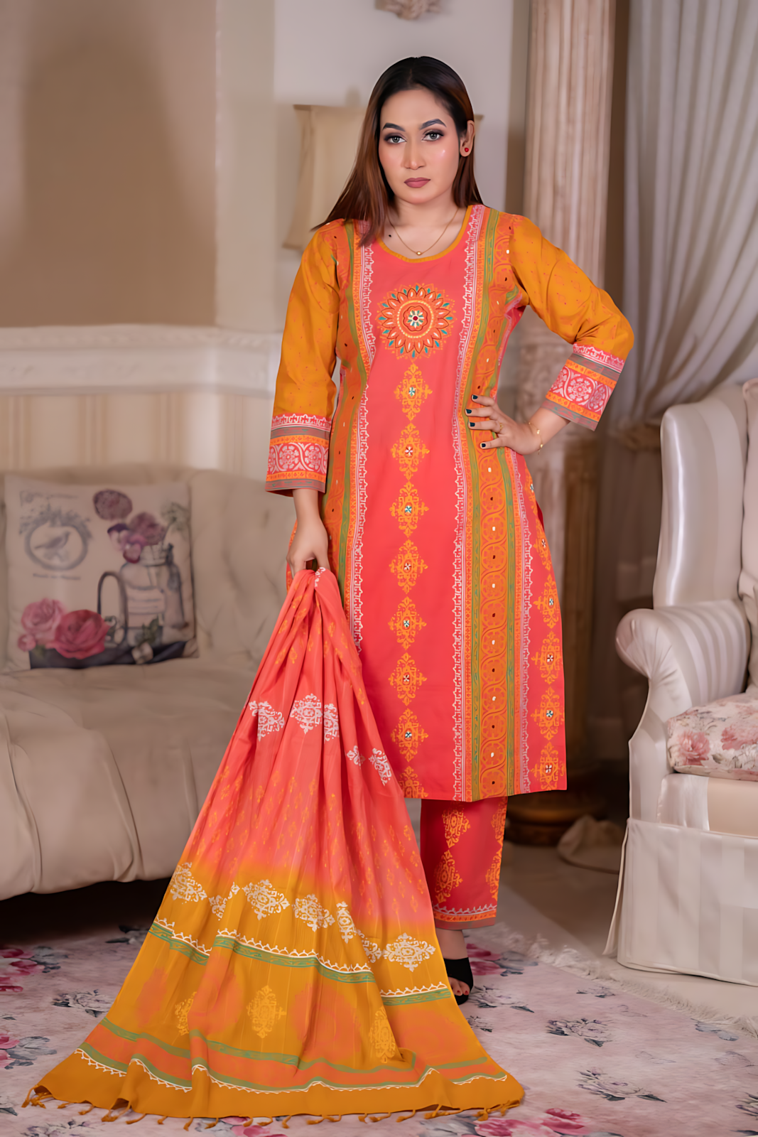 77378cb6-42f6-4d79-86ae-19f4f28aeab8 Women Taat Cotton Three Piece - Carmine Pink - Image 1