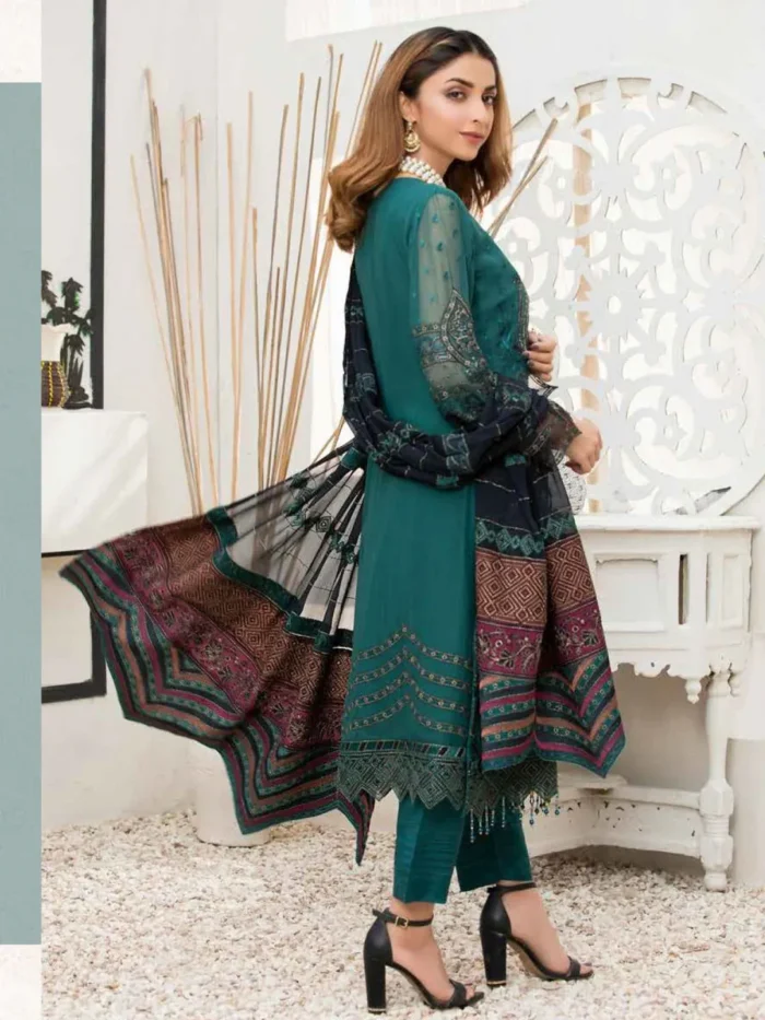 Pakistani Fepic Unstitched Luxury Chiffon Three Piece - Dark Aqua - Image 3