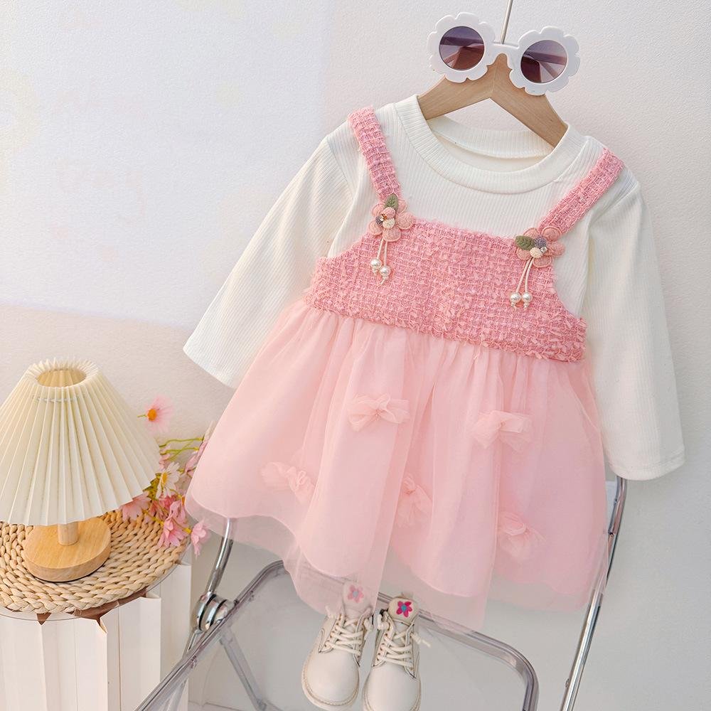 d13f557e-4042-4eee-92e2-022547f62dc2 Imported Pink Bow Net Baby Dress with Cream Inner Top (China) - Image 1