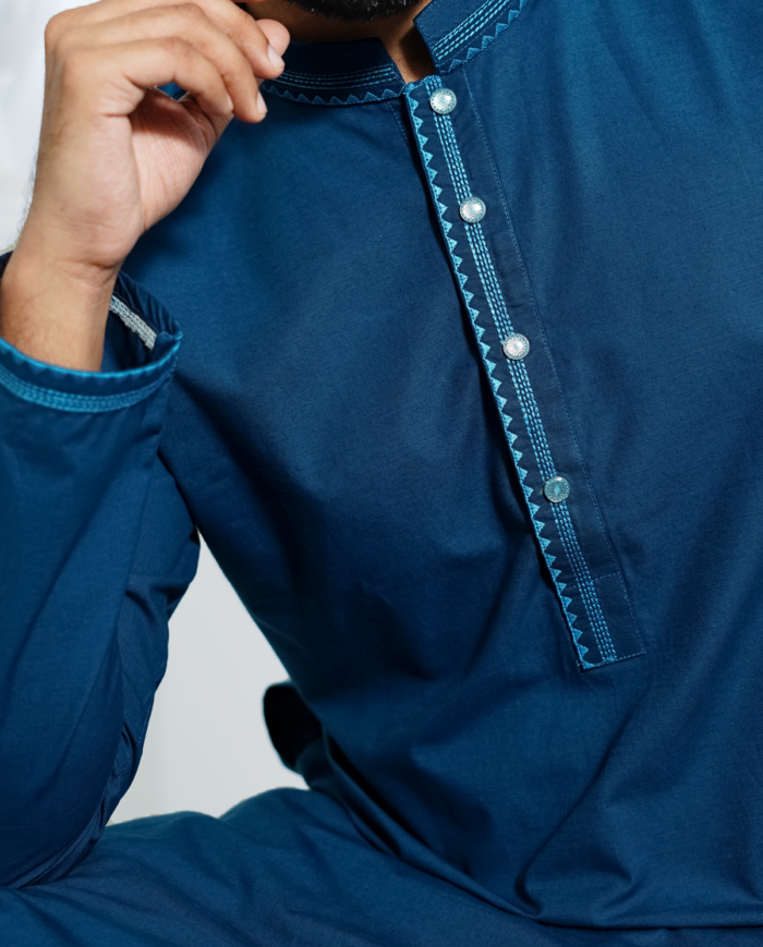 Exclusive Pure Slub Cotton Panjabi for Men - Nile Blue - Image 2