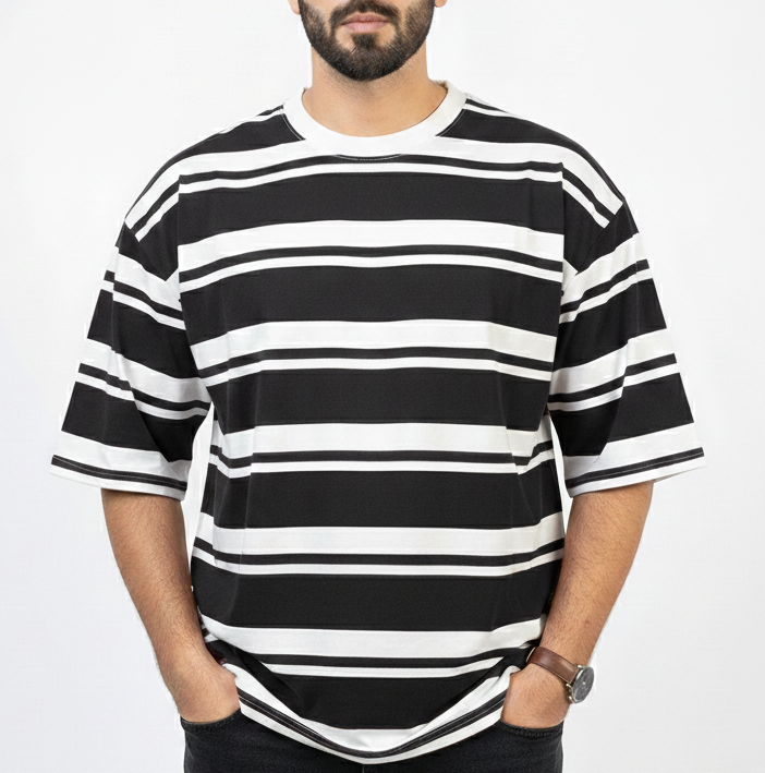 df94d10c-2e93-43f0-b9df-3bcb2c09acc0 Manmode Loose Fit Striped Drop Shoulder - Gunmetal X White - Image 1