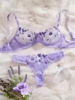 Floral Embroidery Premium Bra & Panty Set - Purple (China)