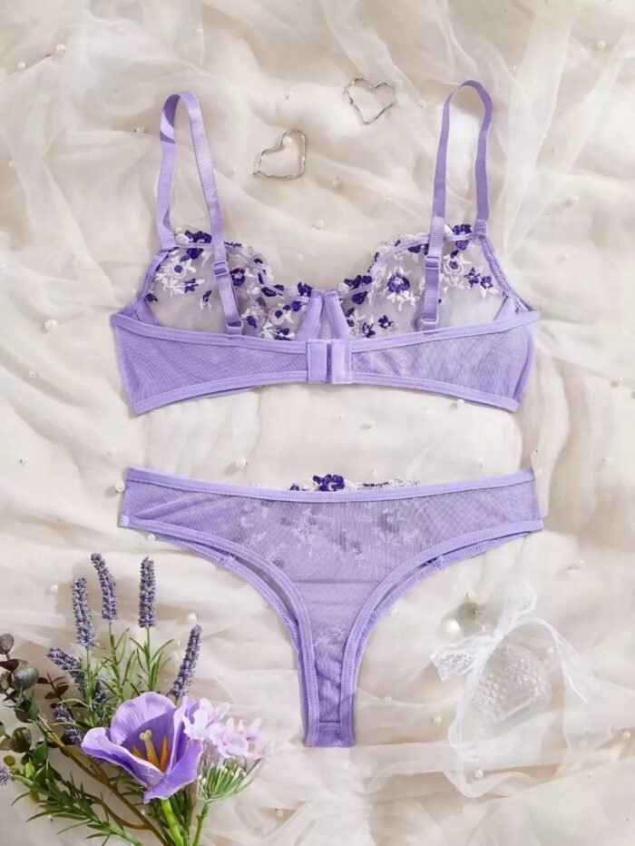 Floral Embroidery Premium Bra & Panty Set - Purple (China) - Image 2