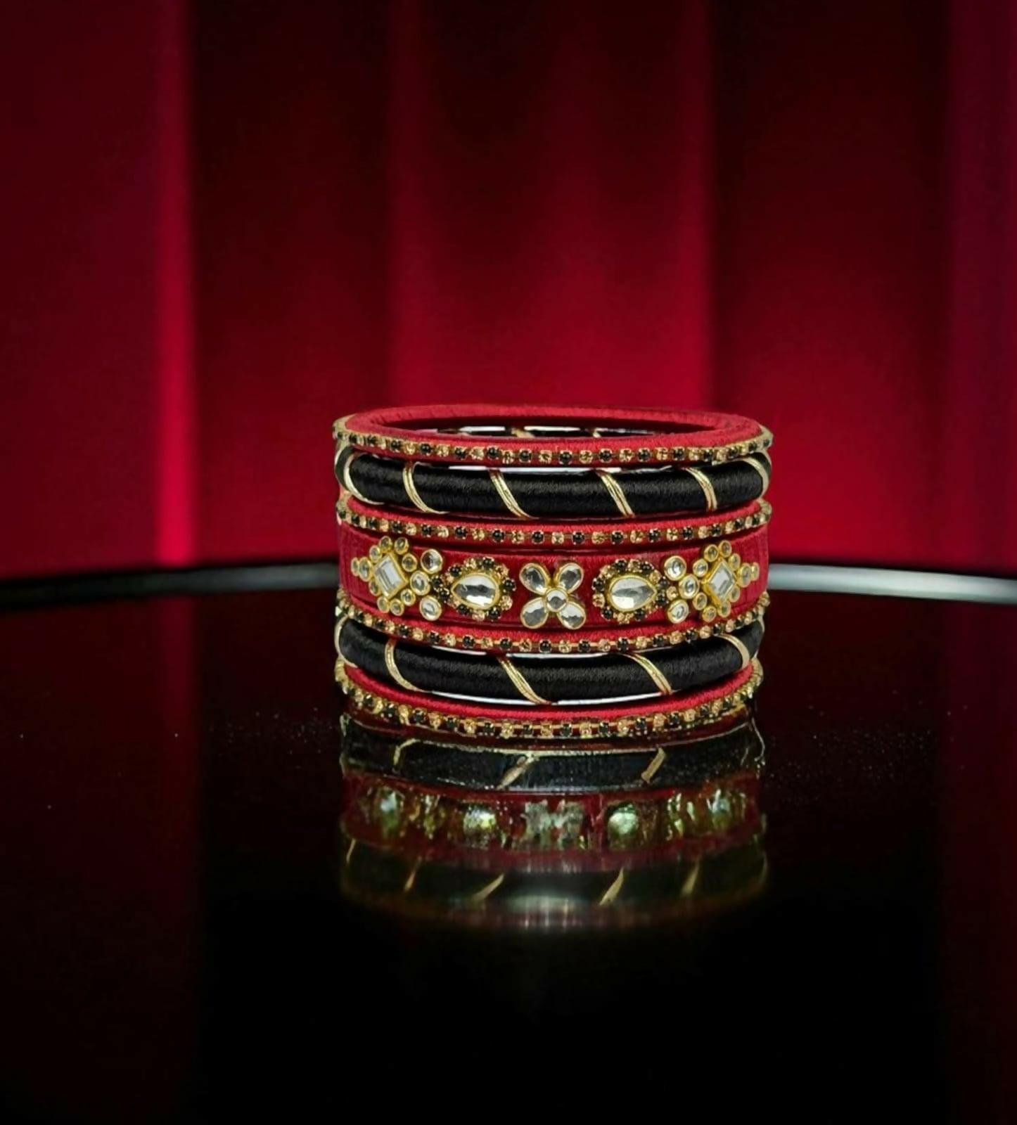 handmade-kundan-stone-work-silk-threads-bangles-set-black-x-red_1_Y37a8jkj1XA Handmade Kundan Stone Work Silk Threads Bangles Set - Black X Red - Image 1