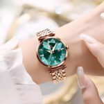 OLEVS Rose Gold Stainless Steel Green Diamond Dial Quartz Ladies Watch - Image 2