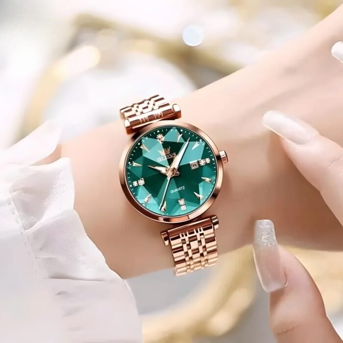 OLEVS Rose Gold Stainless Steel Green Diamond Dial Quartz Ladies Watch - Image 2