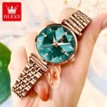 OLEVS Rose Gold Stainless Steel Green Diamond Dial Quartz Ladies Watch - Image 3