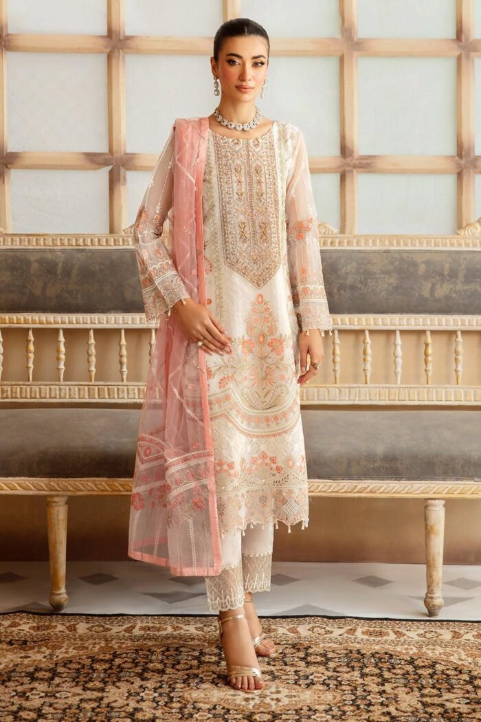 Pakistani Minhal by Ramsha Embroidered Unstitched Organza Three Piece - Off White - Image 5
