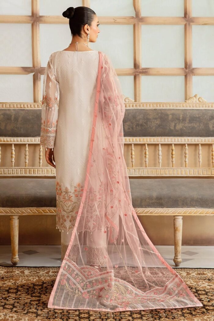 Pakistani Minhal by Ramsha Embroidered Unstitched Organza Three Piece - Off White - Image 3