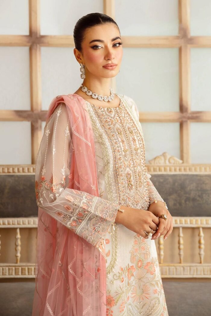 Pakistani Minhal by Ramsha Embroidered Unstitched Organza Three Piece - Off White - Image 4