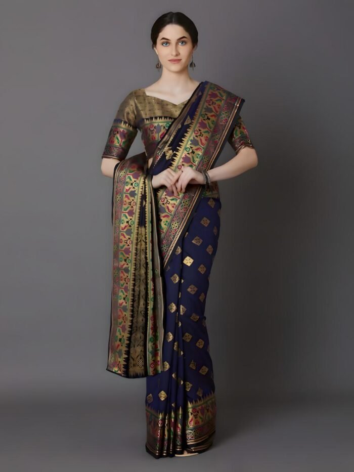 Soft Silk Screen Printed Premium Katan Sharee with Blouse - Thunder, Baltic Sea - Image 3