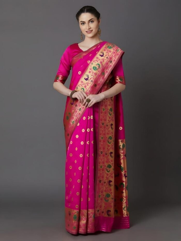 Soft Silk Screen Printed Premium Katan Sharee with Blouse - Thunder, Baltic Sea - Image 2