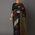 Soft Silk Screen Printed Premium Katan Sharee with Blouse - Thunder, Baltic Sea